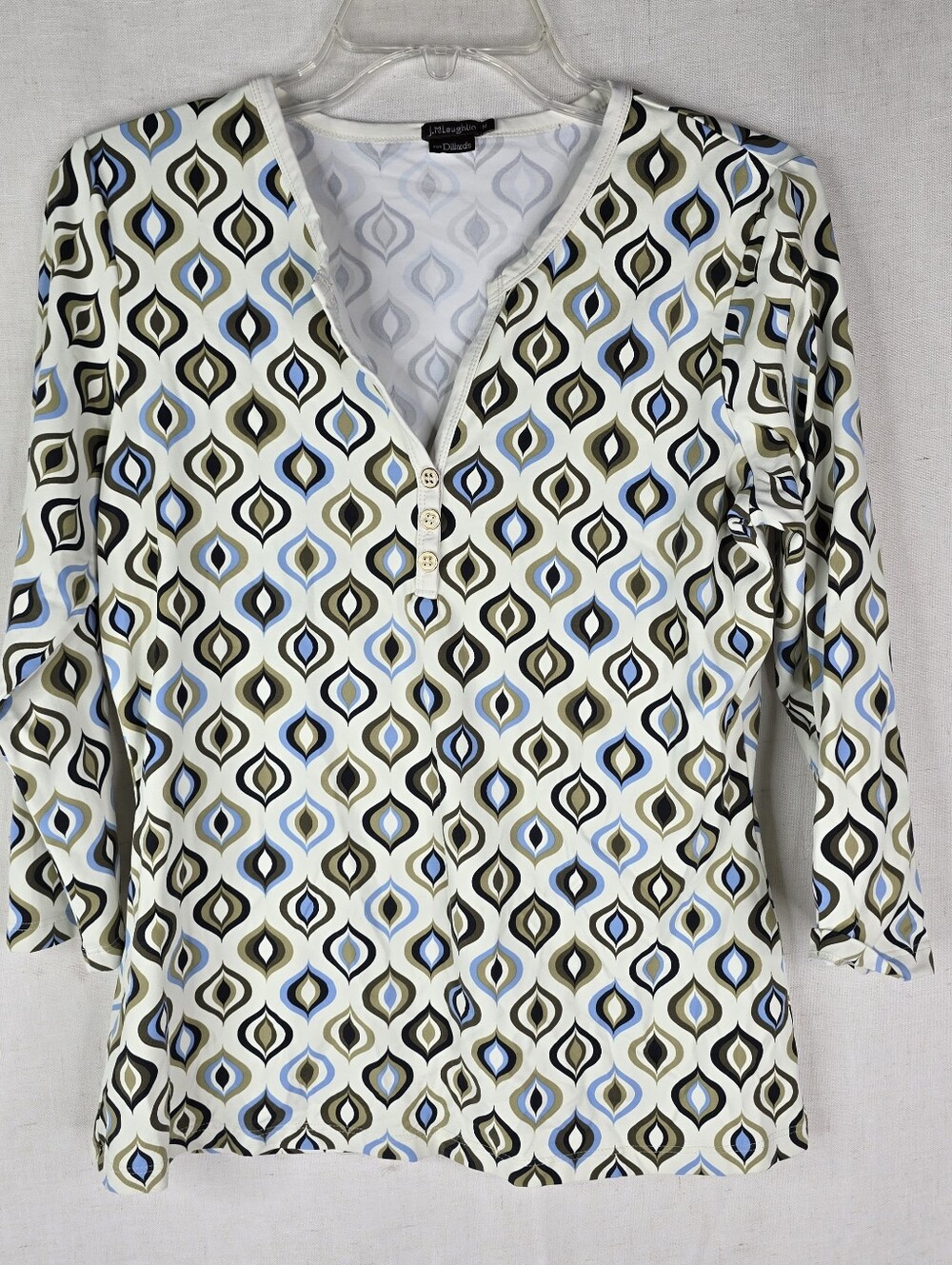 J Mclaughlin Womens Medium Catalin Cloth Vneck 3/4 Sleeve Geometric Top Cream
